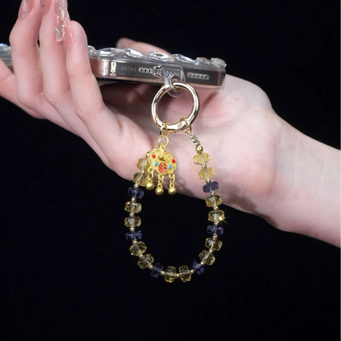 XX263【紫定发财】一链三用三合一手机链便携挂绳串珠链条水晶手工