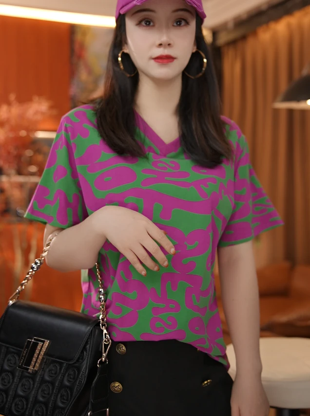 【大瑾瑾】-夏季时尚撞色不规则图案短袖T恤【1265】