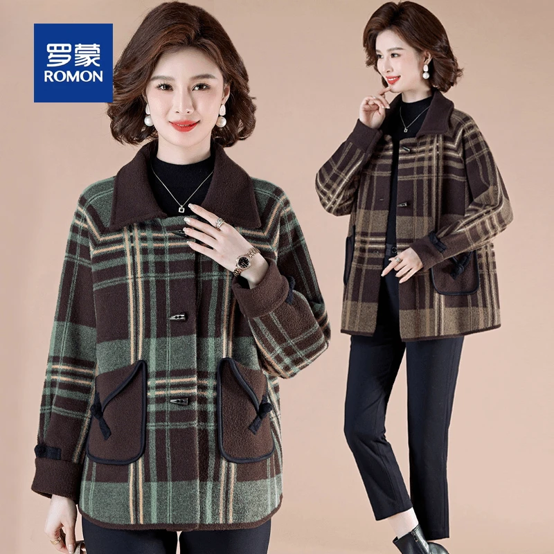 罗蒙中年妈妈春装毛呢外套女新款50岁60中老年女春秋格子夹克上衣