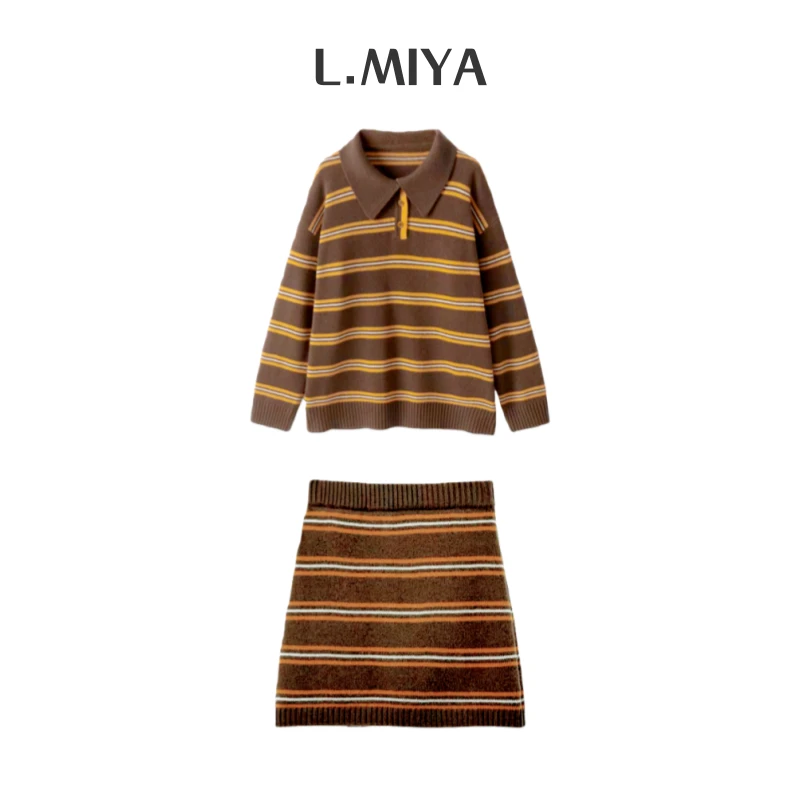 《智性》山羊绒撞色条纹针织衫半裙套装2025Q3829