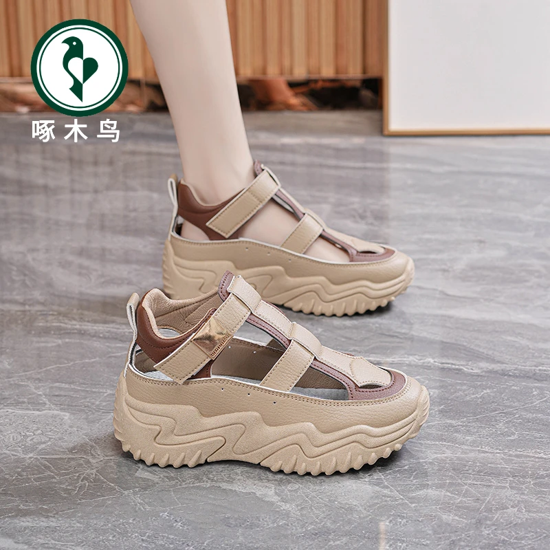 正品啄木鸟夏季厚底增高皮面包头凉鞋百搭透气舒适松糕底凉鞋女鞋