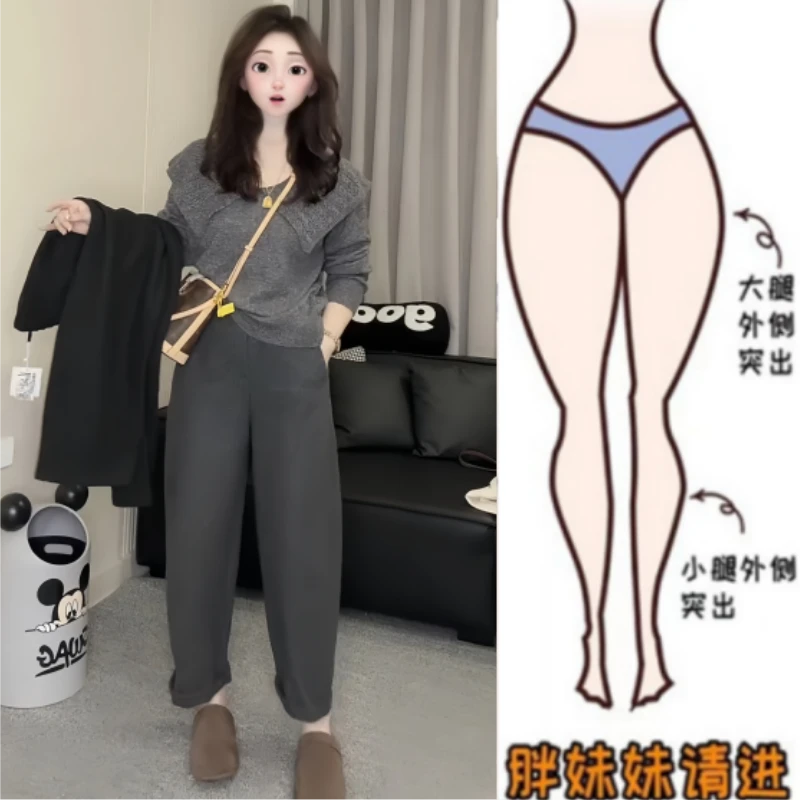 格洛森女秋季新款显瘦高腰一粒扣时尚宽松百搭弯刀休闲九分奶奶裤