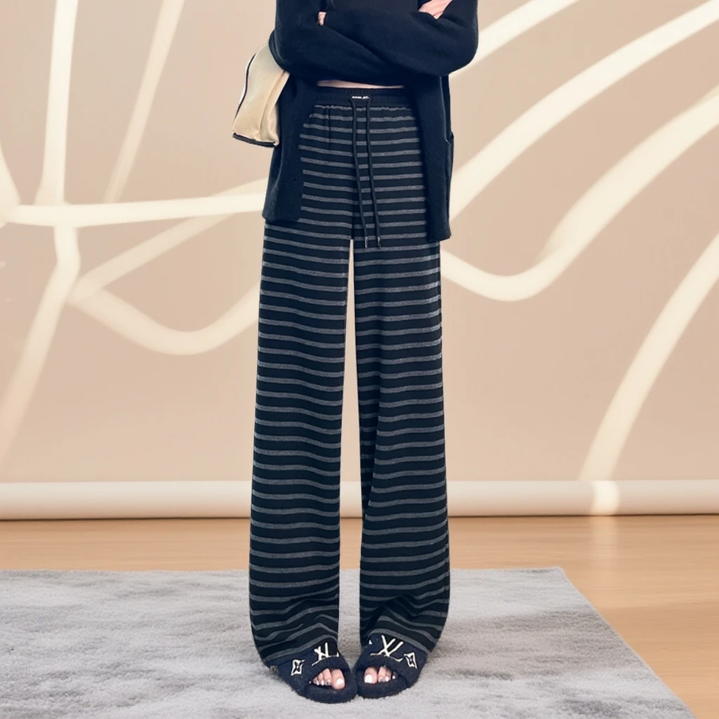 慵懒风条纹阔腿裤女秋2025新款松紧高腰抽绳宽松垂感休闲运动裤子