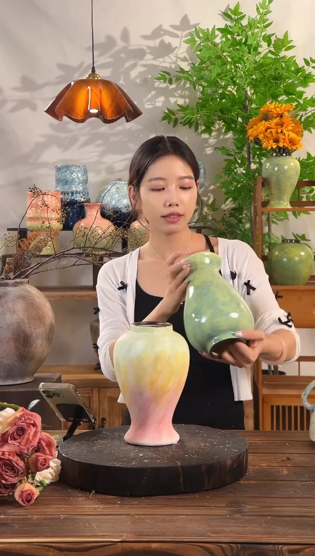 【粉橙黛绿-中号美人瓶】无孔水培桌面陶瓷花瓶干花鲜花插花花器