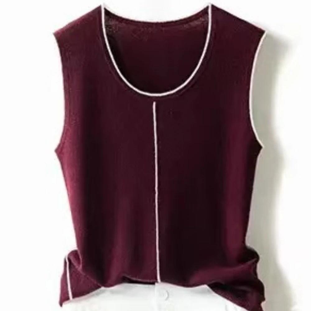 精纺100纯山羊绒马甲女士U型领无袖撞色抽条背心