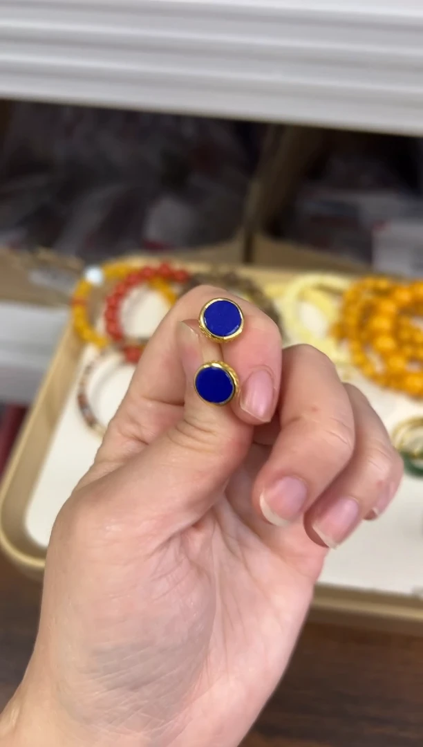 银S925镶嵌青金石戒指青金石圆盘银镶嵌款耳钉[404]