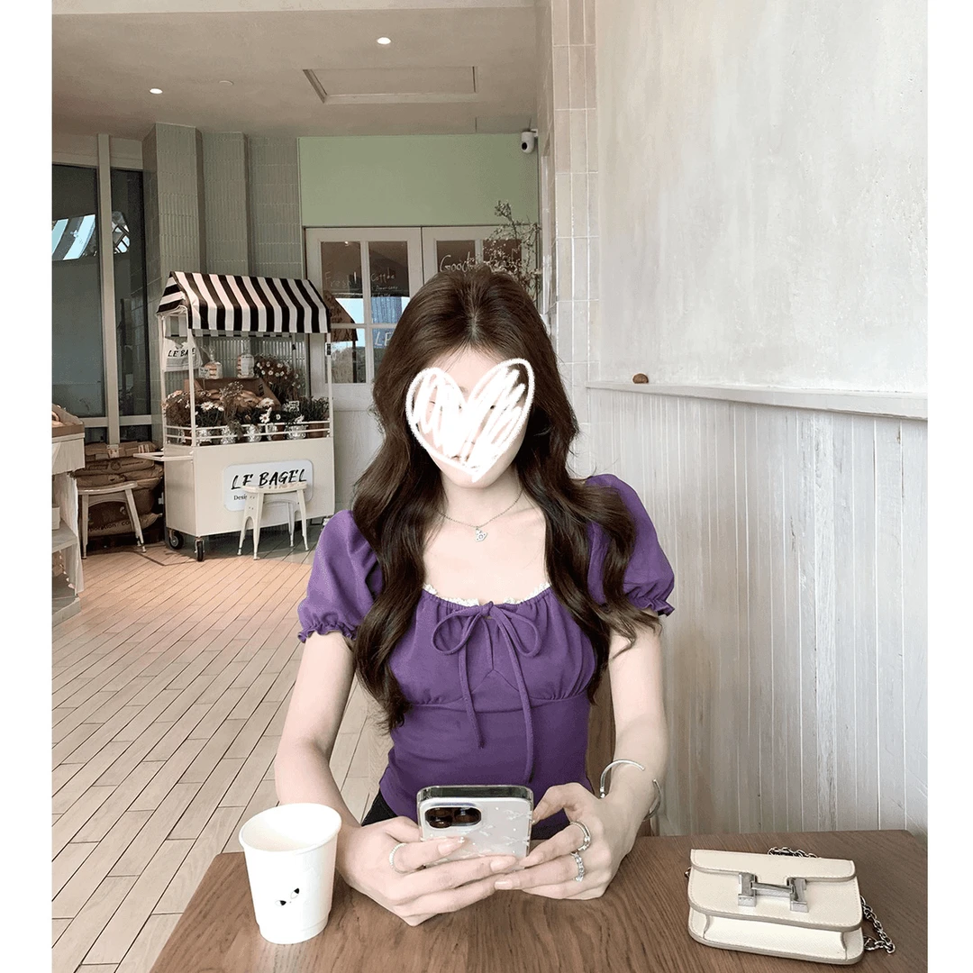 法式小个子温柔明媚方领衬衫女夏季新款时尚花苞袖短款小衫上衣