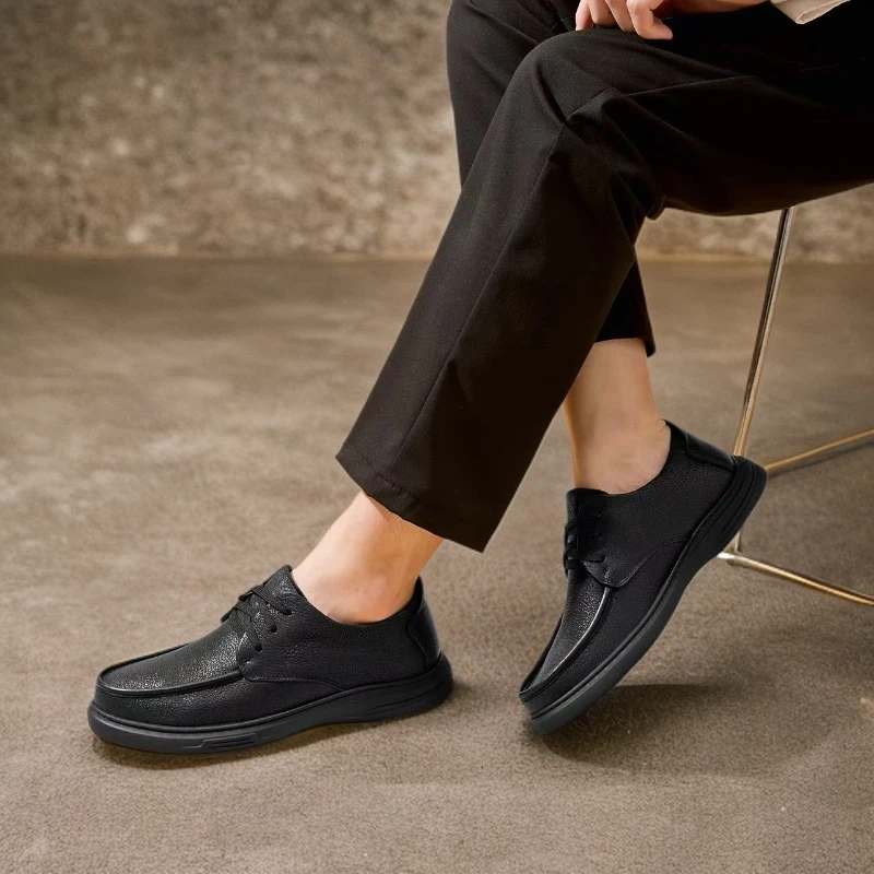 2025秋季新款 男士黑色皮鞋头层羊皮中老年爸爸鞋休闲鞋 防滑透气