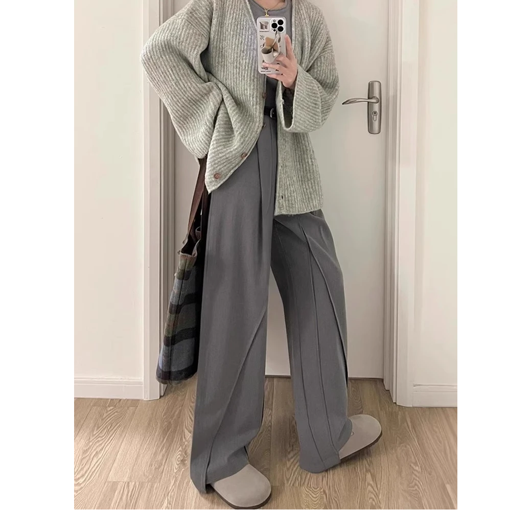 灰色大码西装裤女春季新款高腰宽松显瘦阔腿休闲裤垂感裤子秋季