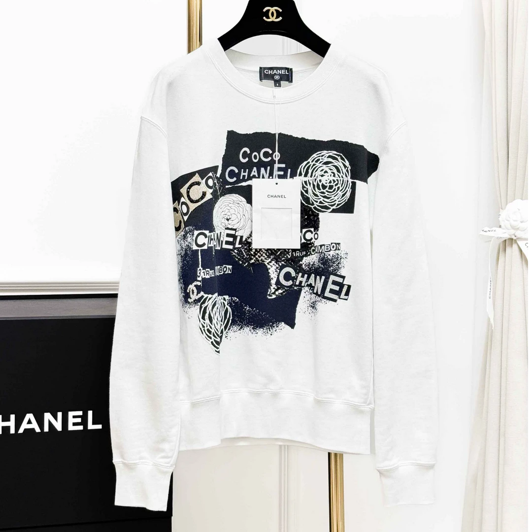 99新 Chanel/香奈儿 S码20P白底山茶花字母亮片长袖卫衣