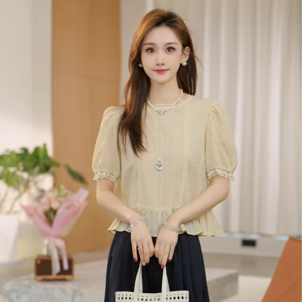 记事本【ShawEleven】2025夏新法式圆领蕾丝花边感棉布上衣M2552
