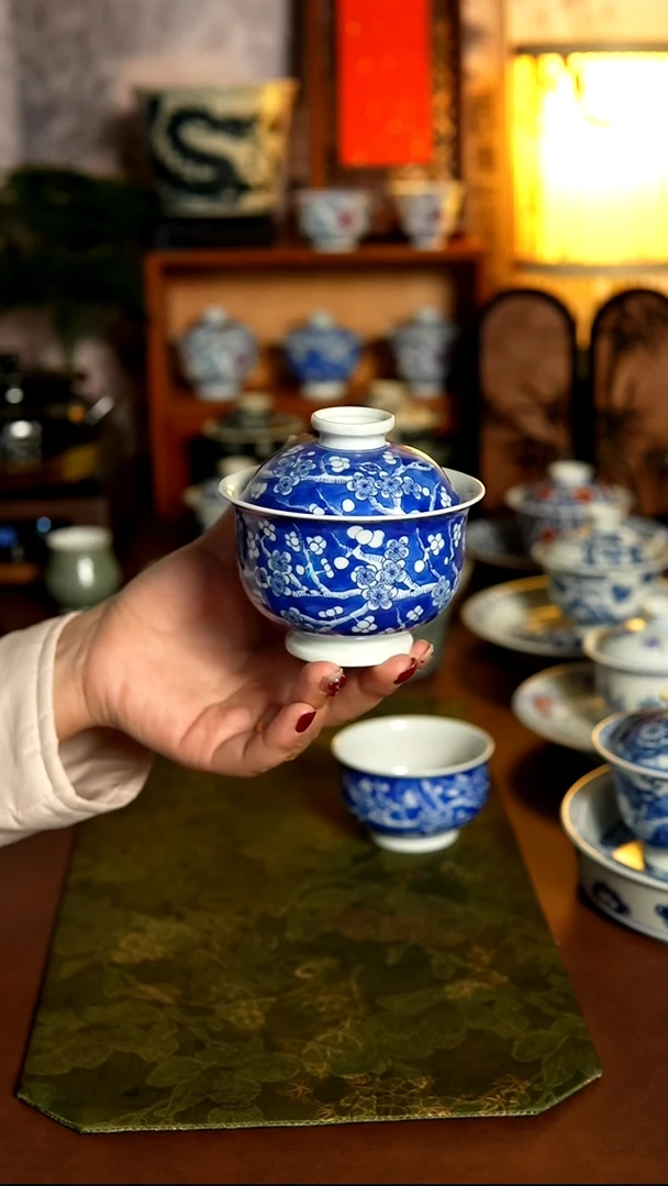 摆件陶冰梅盖碗景德镇福利