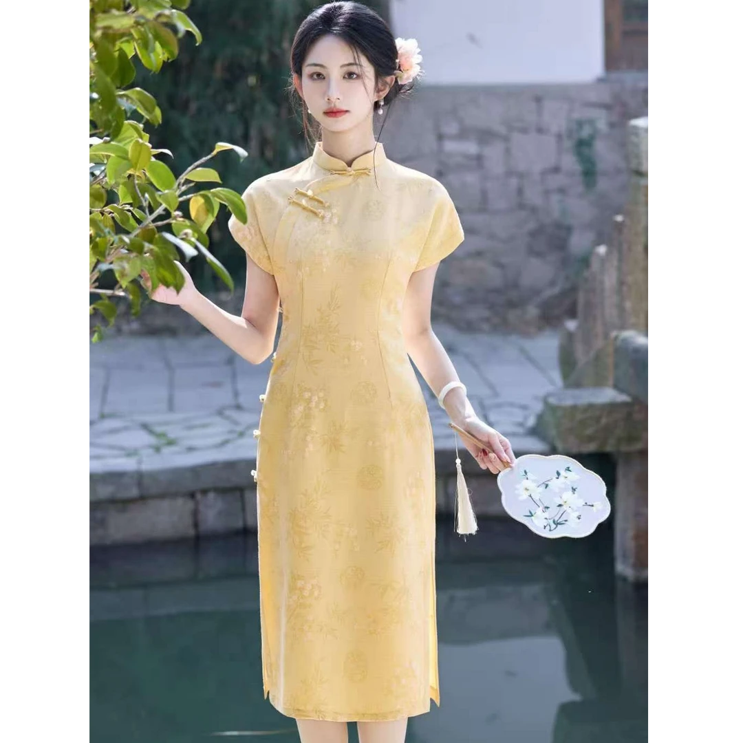 苏故里【竹影摇金】显白气质传统款小个子日常旗袍单层衣长110和118