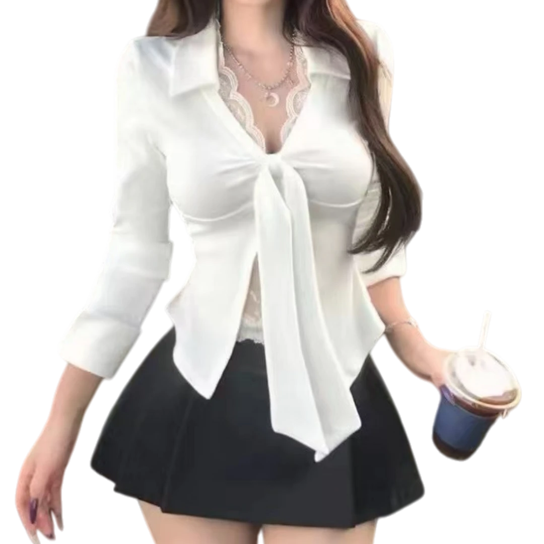 特鲁推荐【甜白物语】 纯欲假两件性感上衣T恤