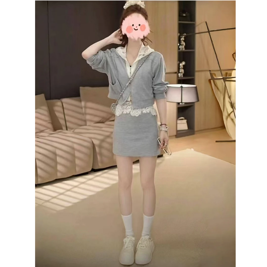 韩版蕾丝连帽卫衣两件套女2025超火春装时尚洋气减龄休闲运动套装