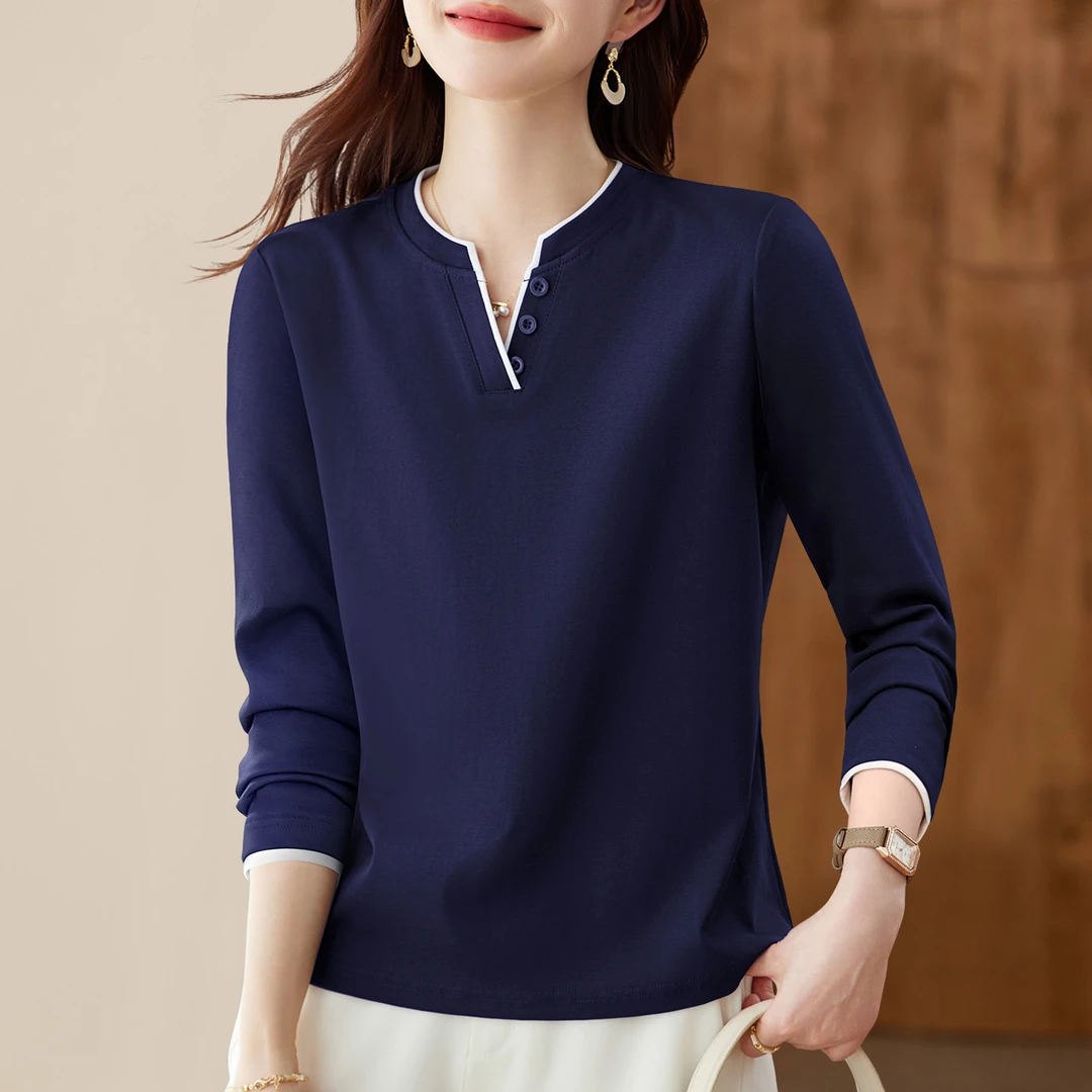 【精梳棉正肩显瘦女士长袖】2025春秋季爆款纯色宽松遮肉时尚打底衫