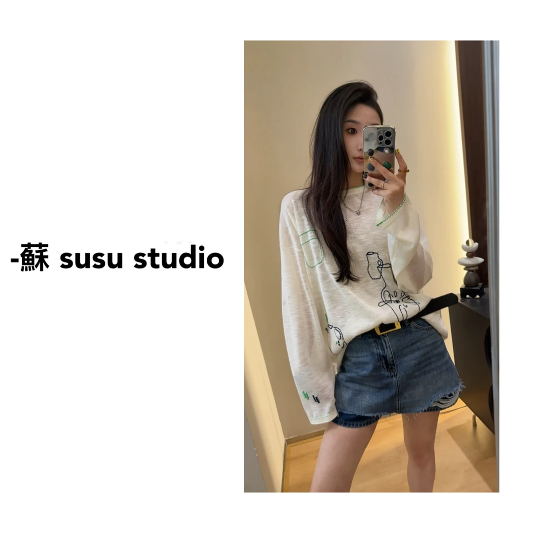 欧洲站2025春夏新款韩系慵懒设计感明线图案薄款冰麻针织衫女