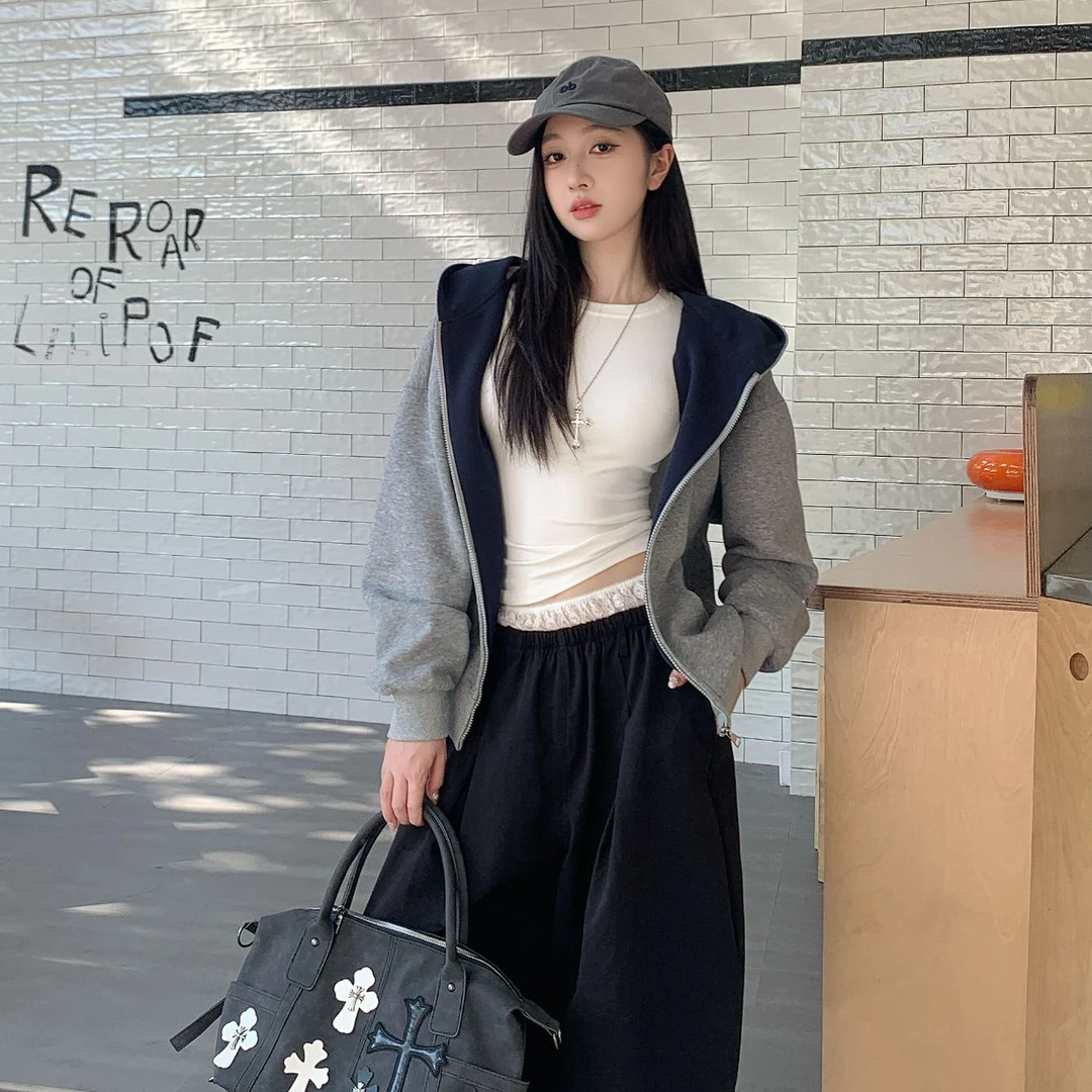 美式复古长袖连帽拉链卫衣外套女秋季休闲宽松开衫慵懒风灰色上衣