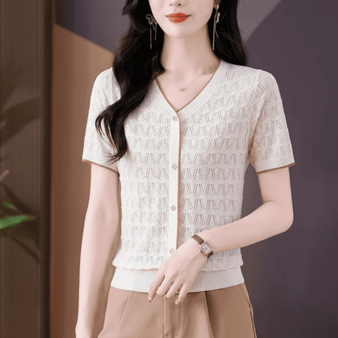 西木柒冰丝短袖v领时尚百搭假开衫洋气镂空夏季薄款上衣T恤针织衫