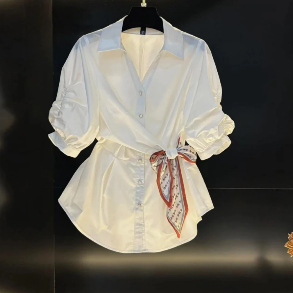 【9406】夏季新款超有气质短袖衬衫收腰丝巾上衣白色