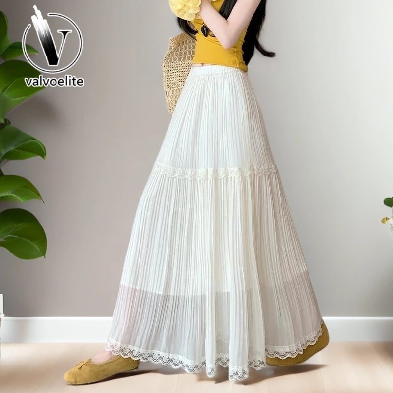 VALVOELITE百褶雪纺女半身裙夏高腰显瘦休闲松紧蕾丝拼接大摆长裙