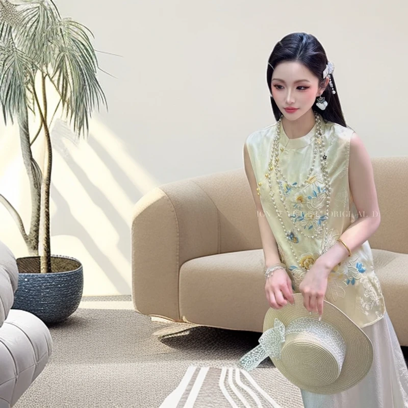 新中式马甲8359女夏新款复古国风气质高级感提花刺绣印花背心衬衫