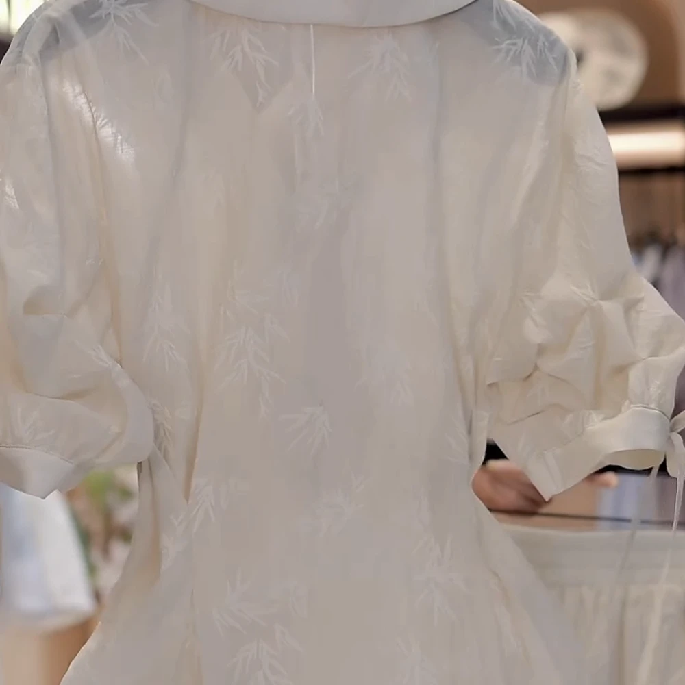 新中式国潮竹子提花气质套装女V领衬衫高腰短裤C5162