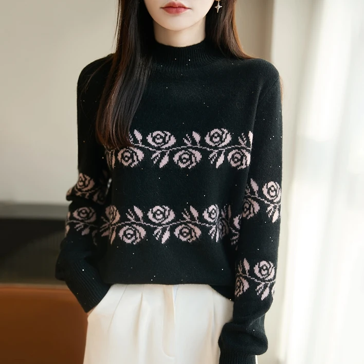 哥弟阿玛施正品重工提花珠片内搭毛衣女秋冬羊毛加厚针织洋气上衣