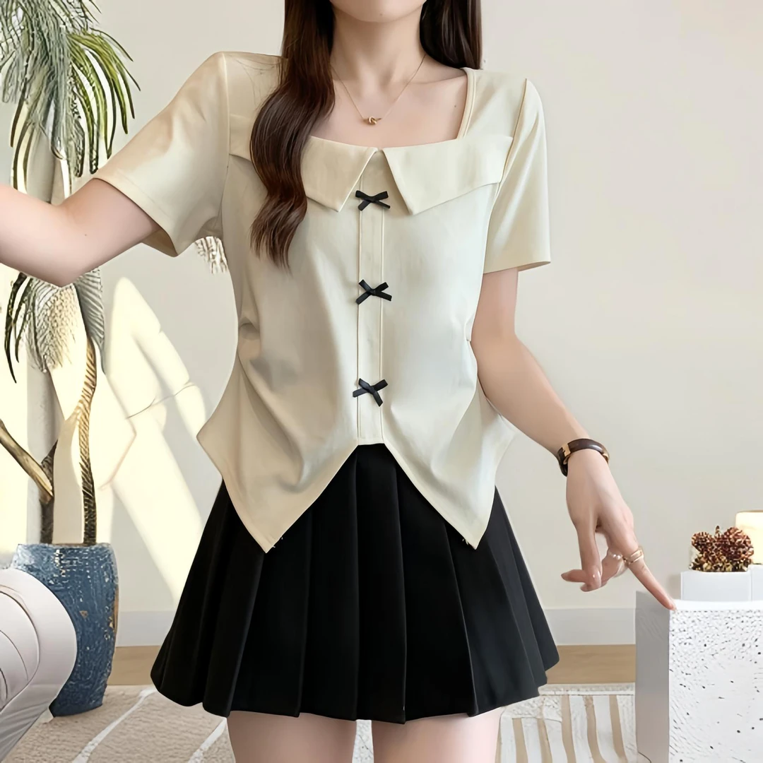 精 胖MM洛 D045方领大码T恤女夏季别致立体蝴蝶结不规则洋气上衣