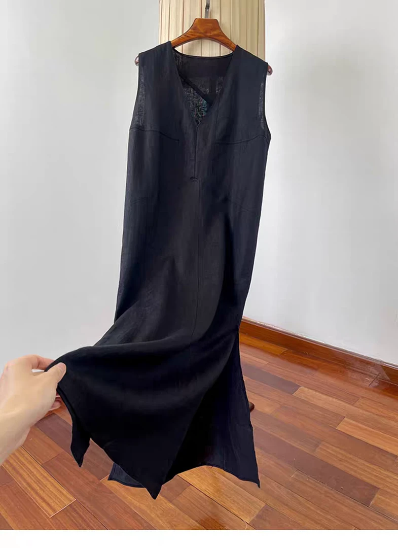 亚麻连衣裙夏季V领连衣裙背带裙长款中长款女装
