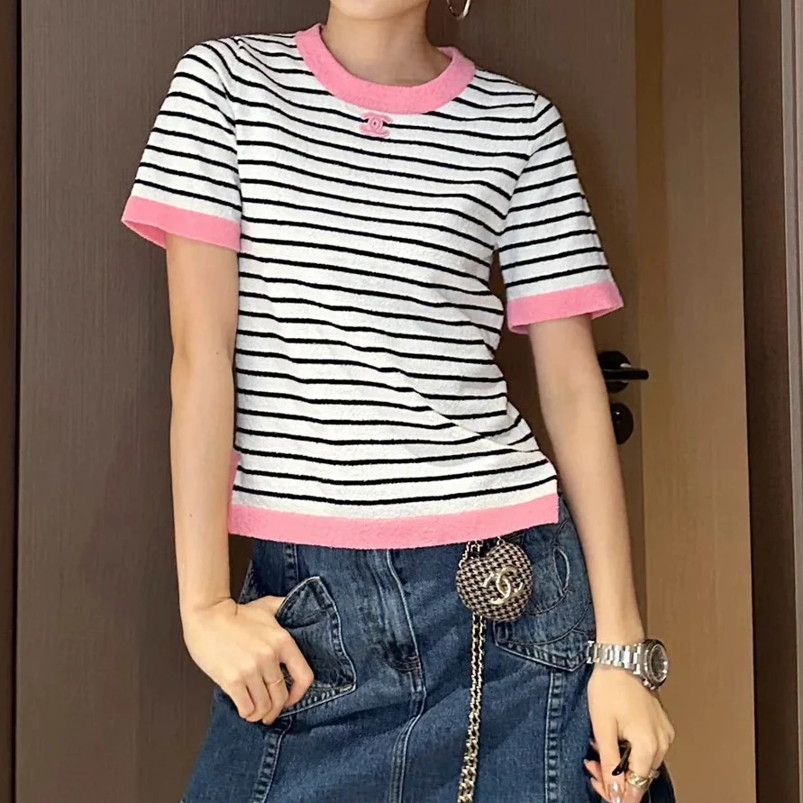 99新 Chanel/香奈儿 36码白色拼黑色横条纹粉色边 短袖针织 上衣