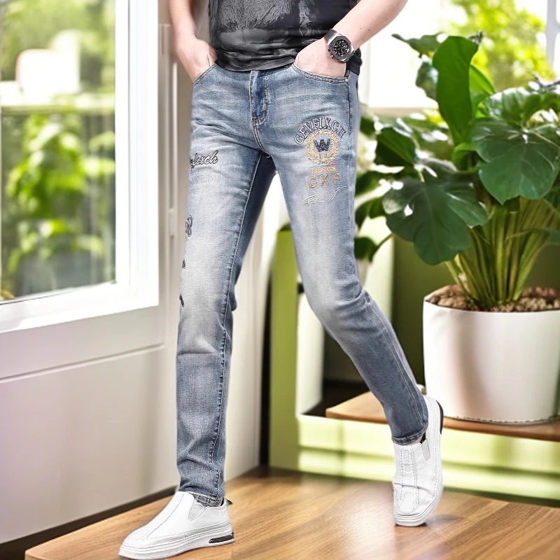 娜罗普西潮牌刺绣牛仔裤新款男夏季薄款修身小脚休闲弹力裤子男