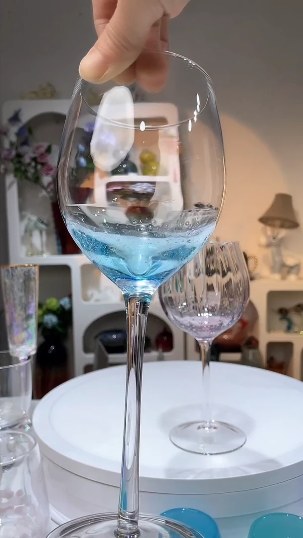 【闪购商品】水晶玻璃1只底专做气泡蓝色原色红酒杯