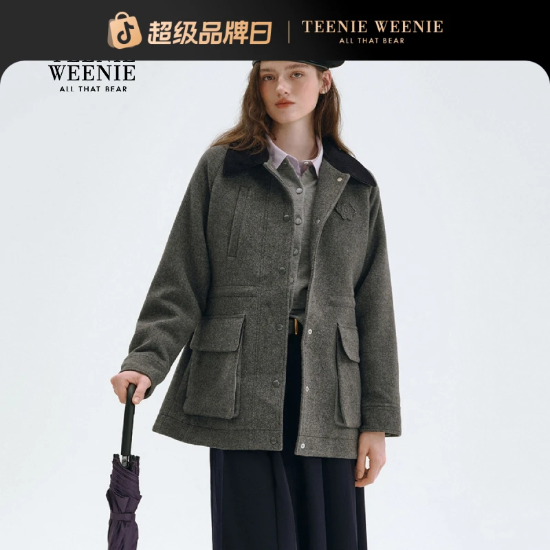 *TeenieWeenie小熊25秋季新款宽松气质撞色翻领外套女TTJW258TW3B