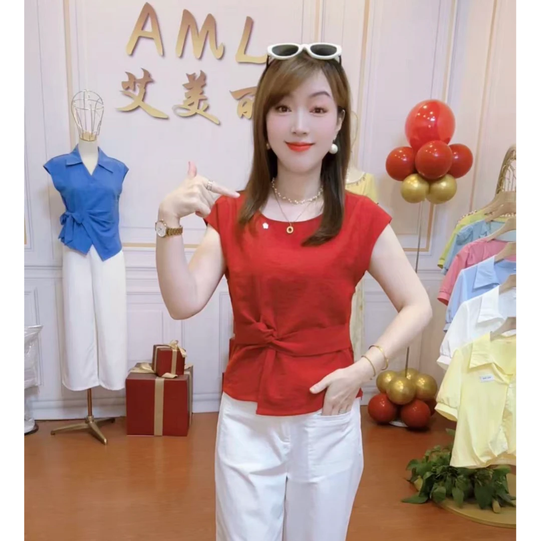 AML3 纽结收腰时尚简约遮肚显瘦高级感夏季减龄短款气质衬衫女