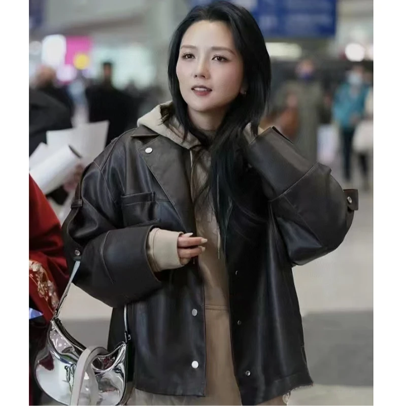 宝丫轻奢  T女式时髦个性机车翻领夹克皮衣外套K1075