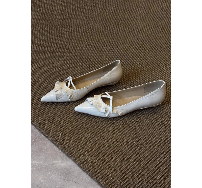 羊皮版~设计感小众新款优雅尖头荷叶边浅口一脚蹬百搭平底鞋单鞋