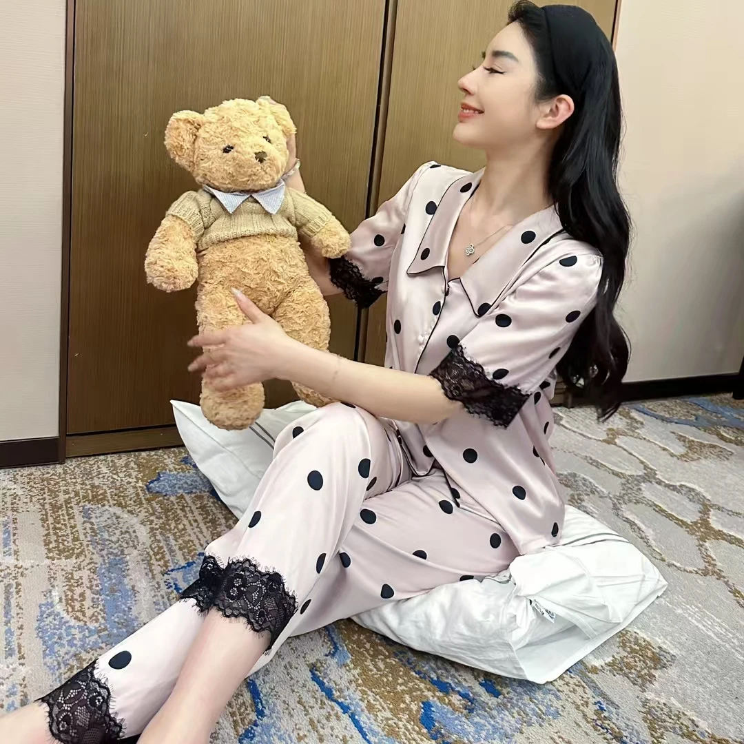 高级贡缎少女粉色波点冰丝蕾丝边长袖长裤两件套装YS家居服