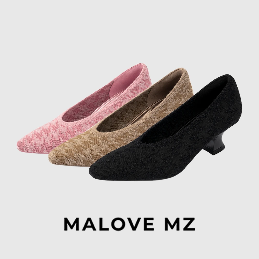 MALOVEMZ法式复古千鸟格气质百搭粗跟高跟鞋2025秋季新款尖头女鞋