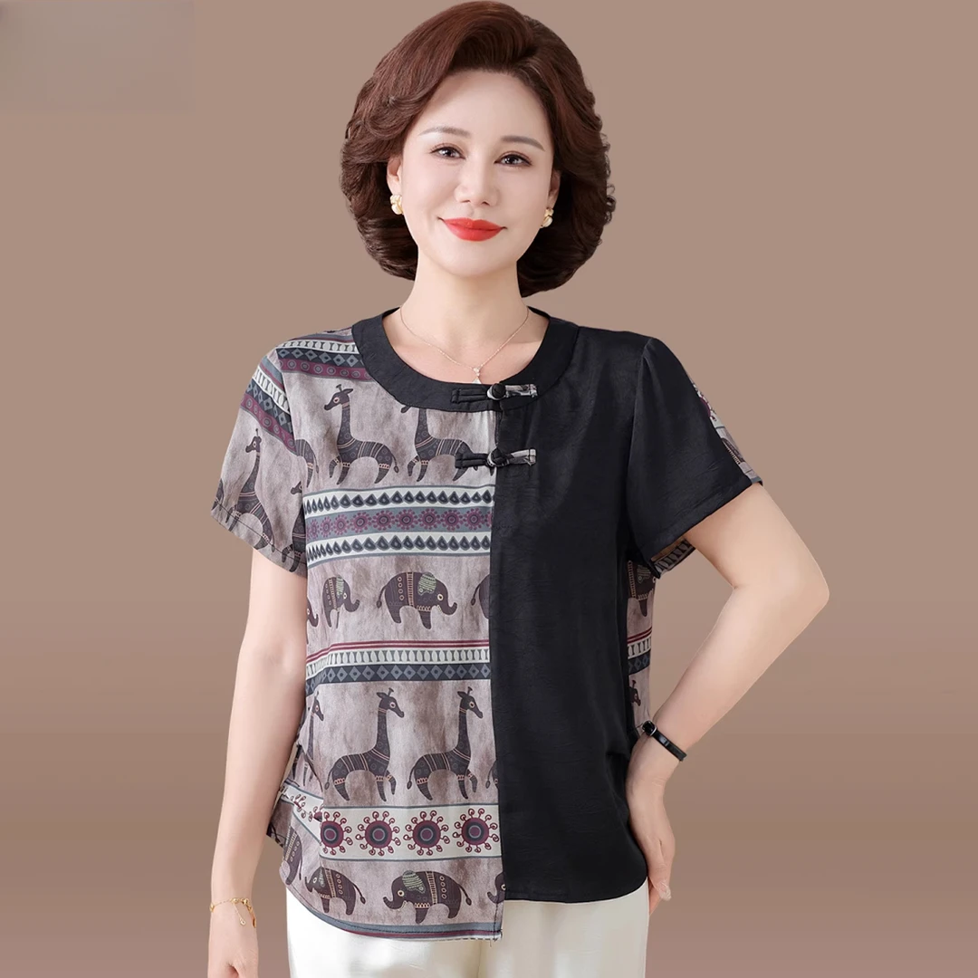 阔太太夏装套装两件套2025新款妈妈装夏短袖t恤中老年女拼接上衣