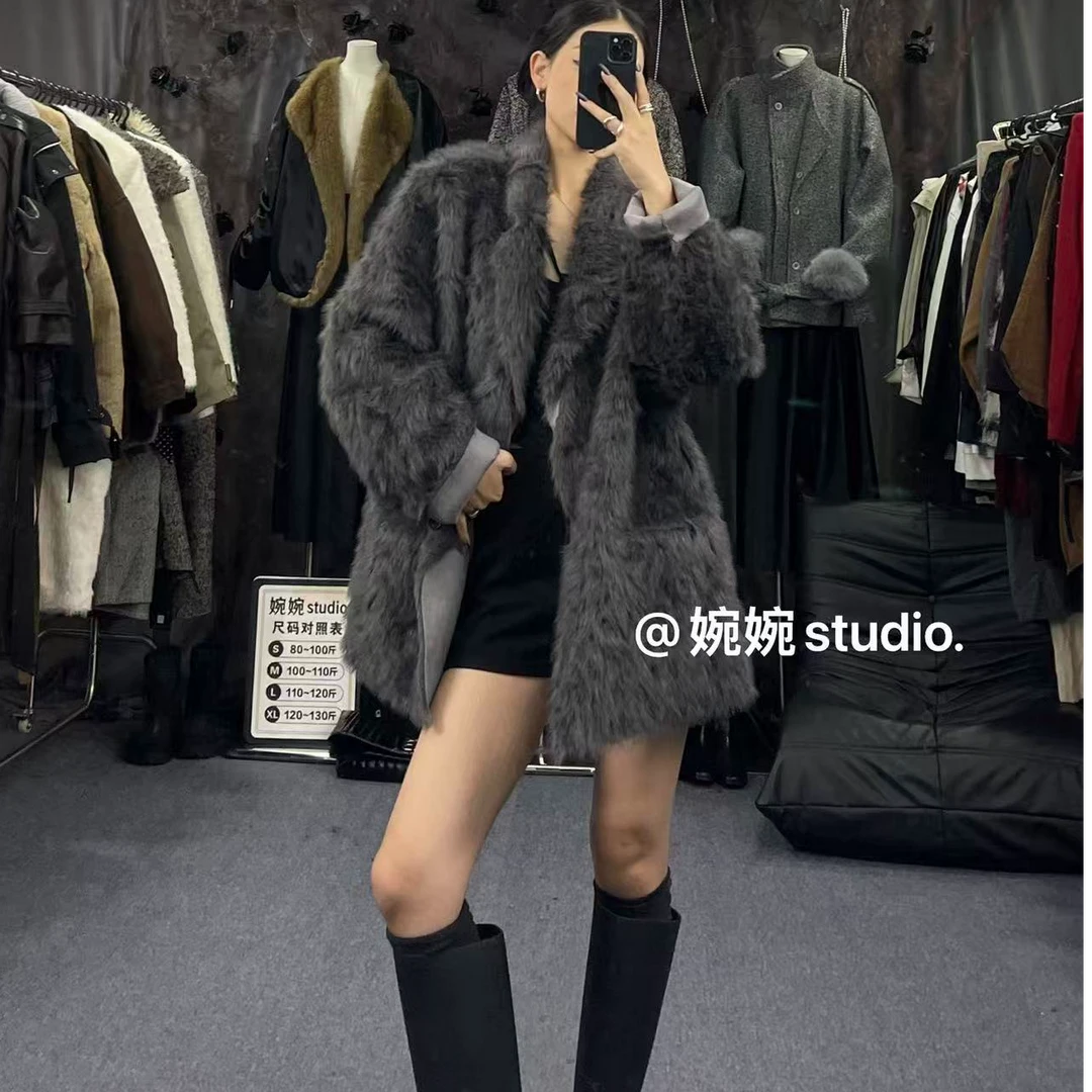 CICI韩系大版慵懒风千金休闲宽松毛毛翻领中长款毛毛外套