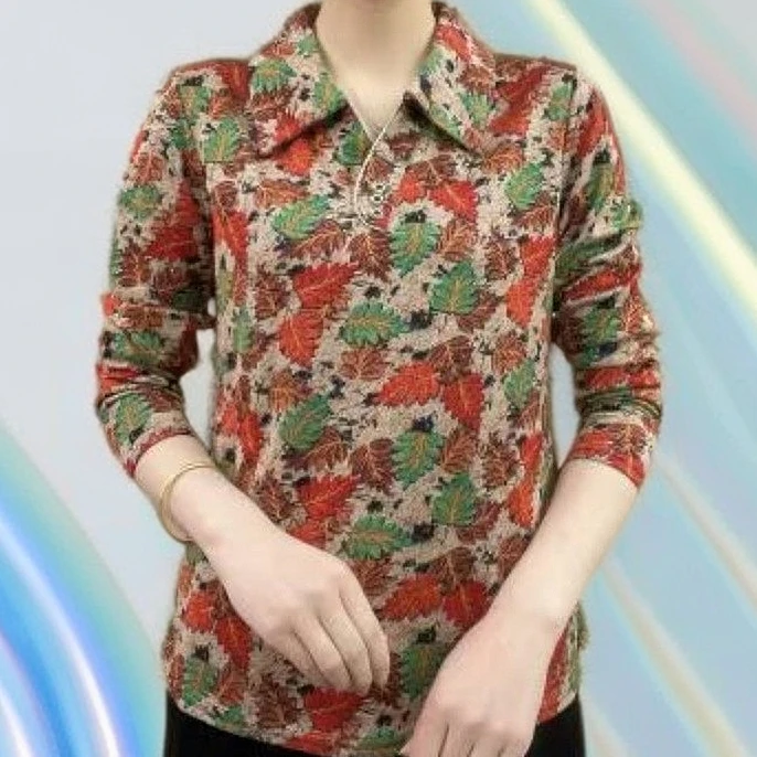 2025春季新款中老年女士秋冬气质碎花印花小衫百搭时尚高弹力上衣