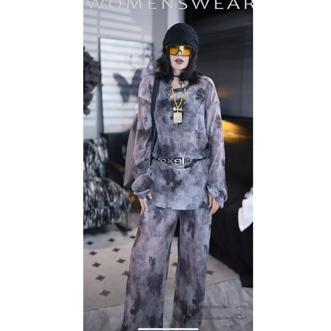 D99193御姐风水墨扎染套装设计感气质显瘦上衣+裤子两件套