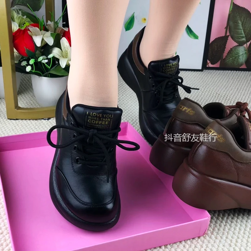 牛皮单鞋女2025春季新款真皮松糕厚底女鞋妈妈鞋系带乐福鞋小皮鞋