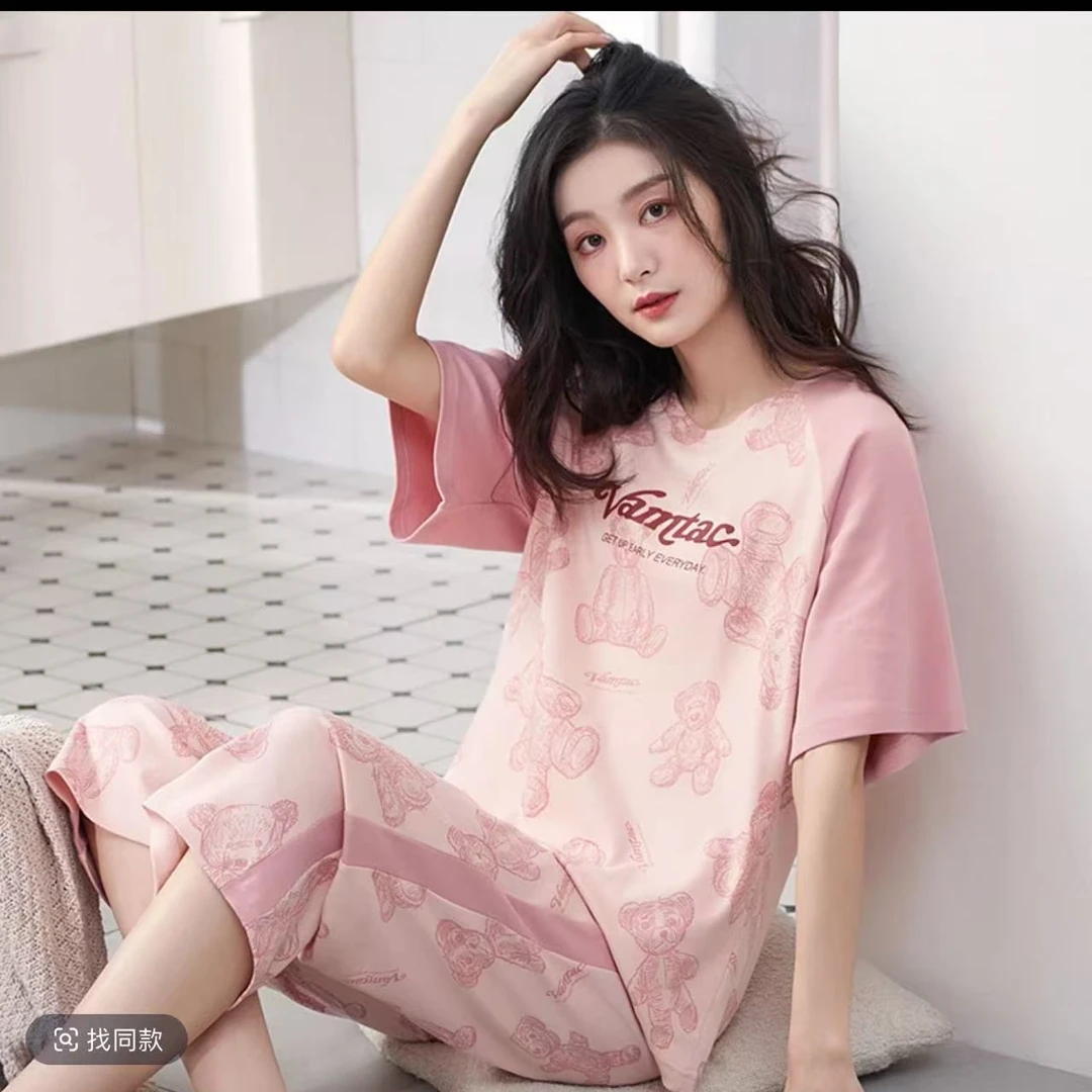 2025新款春夏季纯棉睡衣女士短袖七分裤三件套睡裙家居服套装