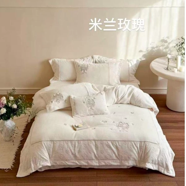 【专柜清仓】xy超柔牛奶绒高克重全消光四件套-米兰玫瑰-微米白