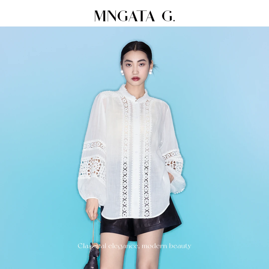 MNGATA G.宫小妍【白芷】苎麻镂空新中式中国风穿搭休闲上衣X280592