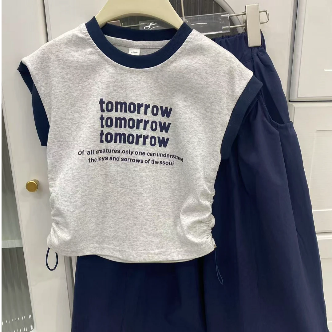 【思晨家】030 女童夏季2025款洋气无袖Polo领短袖搭配阔腿裤套装