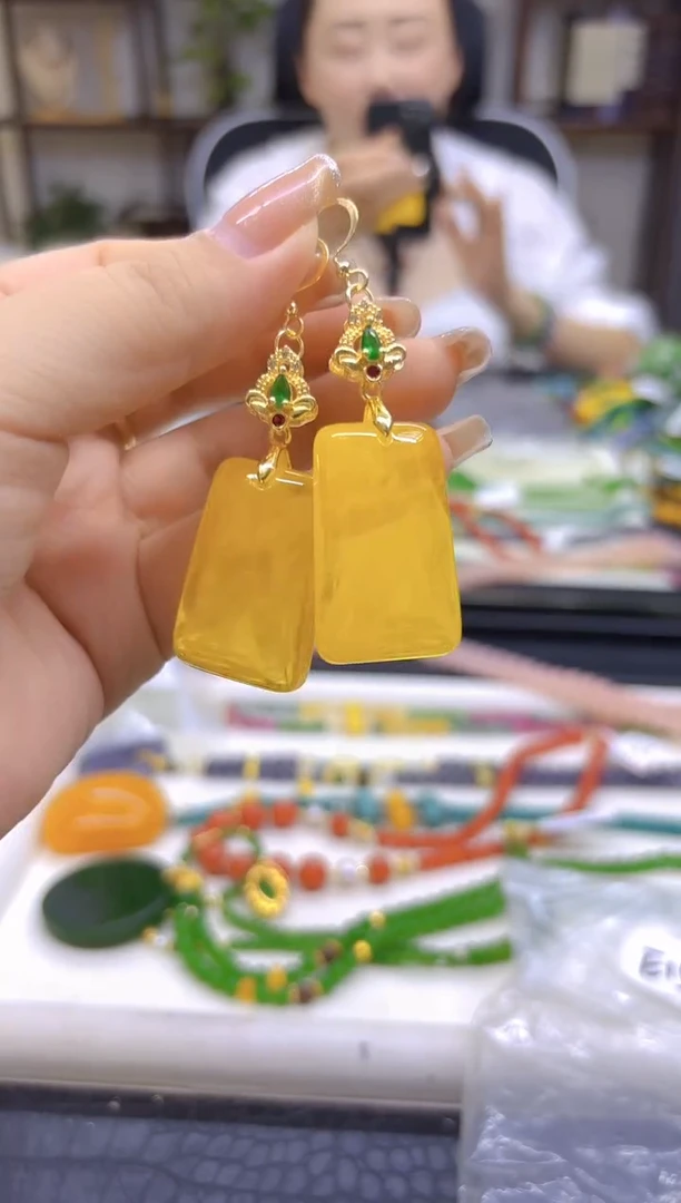 14K金镶嵌蜜蜡耳饰DIY款E153