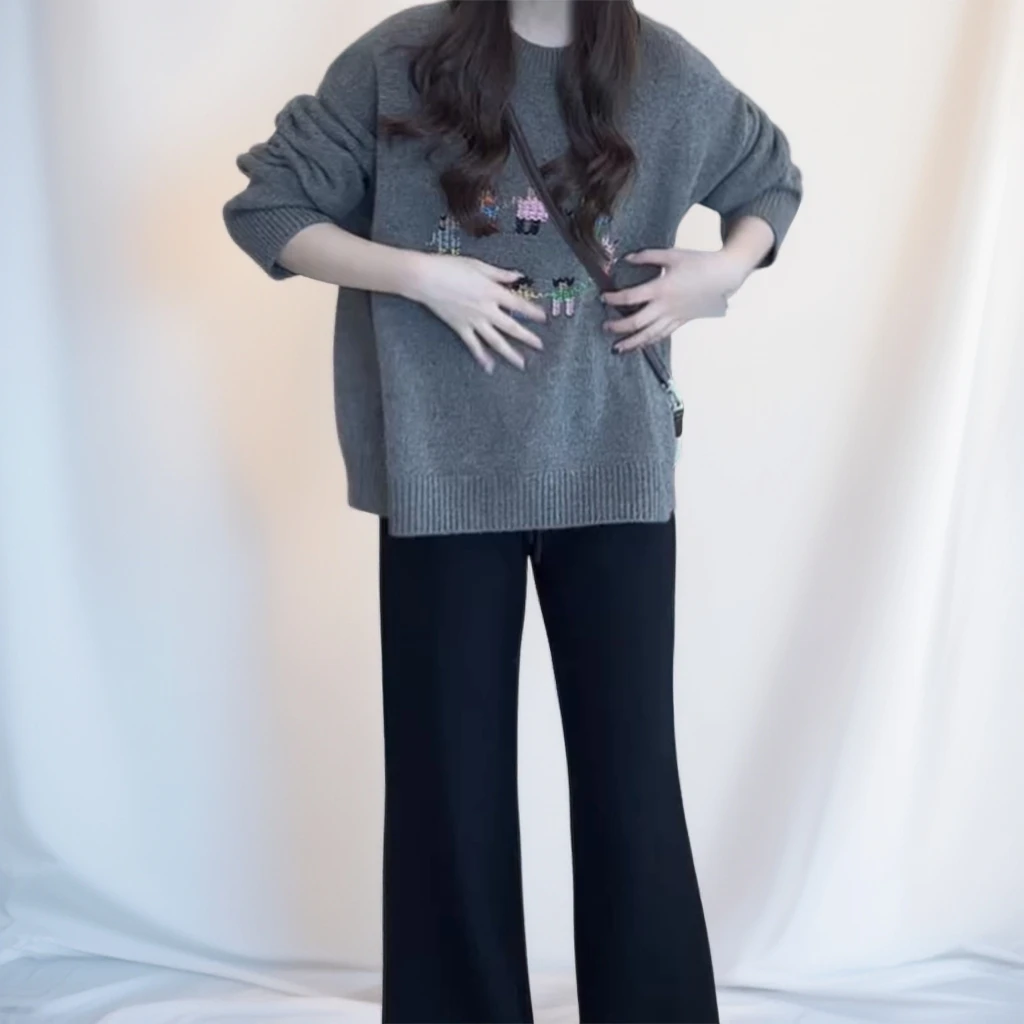 冬季新款氛围感宽松设计感套头重工卡通小人图案针织衫毛衣C6611